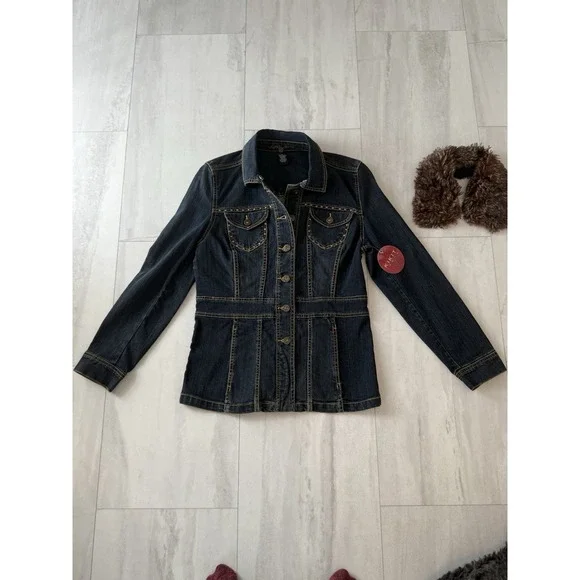 Vtg Kikit Jeans women's M denim jacket removable collar with faux fur NWT - Picture 13 of 16